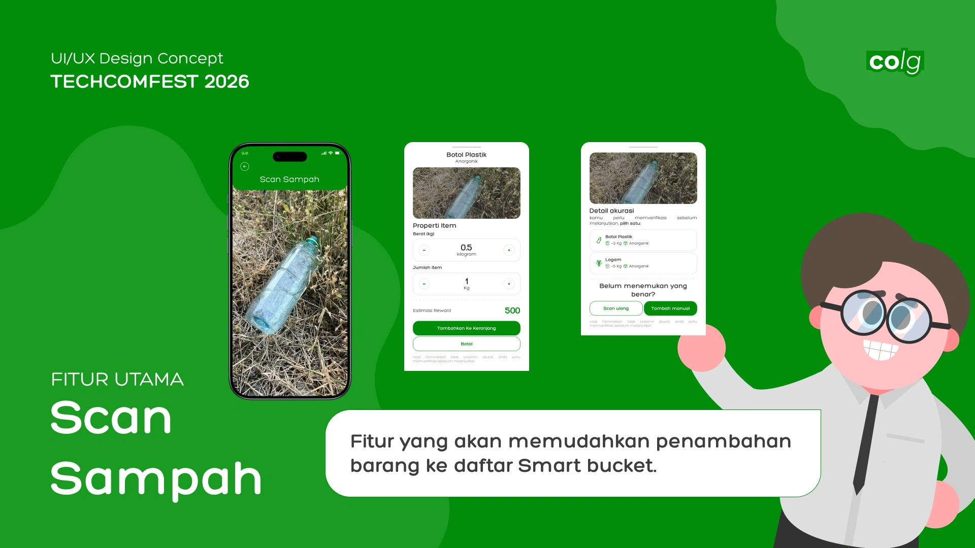 Scan Sampah feature screens showing AI item identification flow